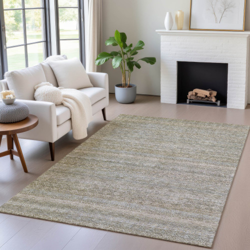 3' X 5' Khaki And Beige Striped Washable Indoor Outdoor Area Rug