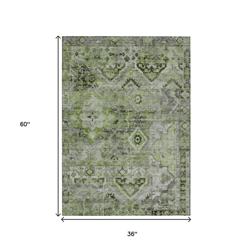 3' X 5' Artichoke Green And Gray Floral Medallion Washable Indoor Outdoor Area Rug