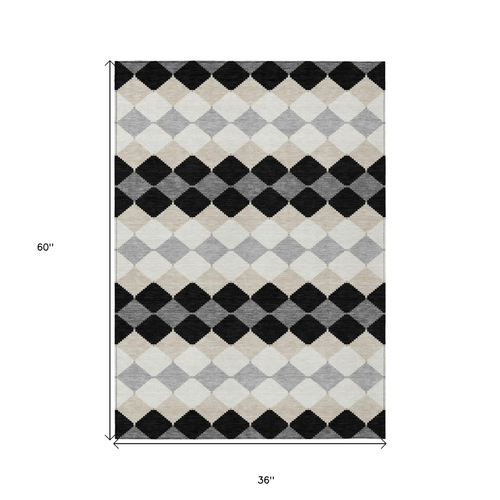 3' X 5' Black Ivory And Beige Geometric Washable Indoor Outdoor Area Rug