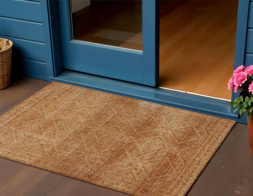 3' X 5' Copper And Ivory Geometric Washable Indoor Outdoor Area Rug - Copper, Ivory