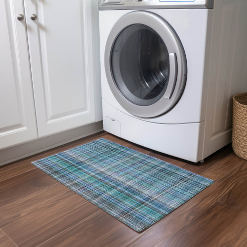 2' X 3' Blue Teal and Gray Plaid Washable Non Skid Indoor Outdoor Area Rug