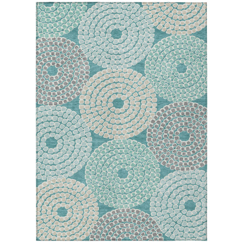 5' X 8' Teal Blue Beige And Gray Geometric Washable Indoor Outdoor Area Rug