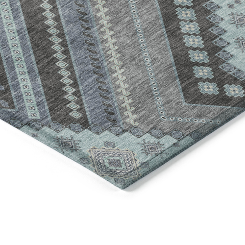 5' X 8' Pewter Charcoal And Sky Blue Tribal Washable Indoor Outdoor Area Rug