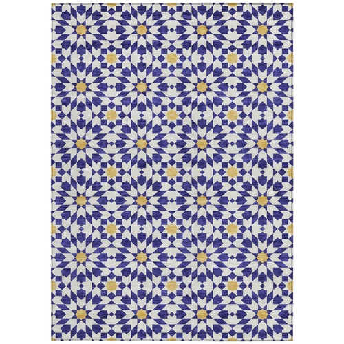 5' X 8' Navy Blue And Ivory Floral Medallion Washable Indoor Outdoor Area Rug