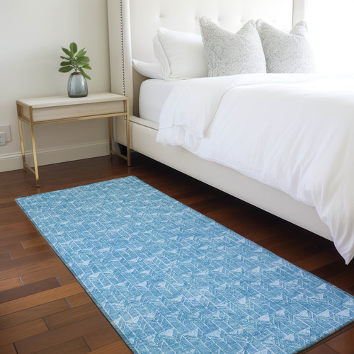 8' Runner Blue Geometric Washable Non Skid Indoor Outdoor Runner Rug