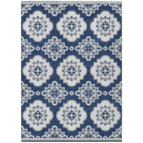 3' X 5' Navy Blue And Ivory Medallion Washable Indoor Outdoor Area Rug
