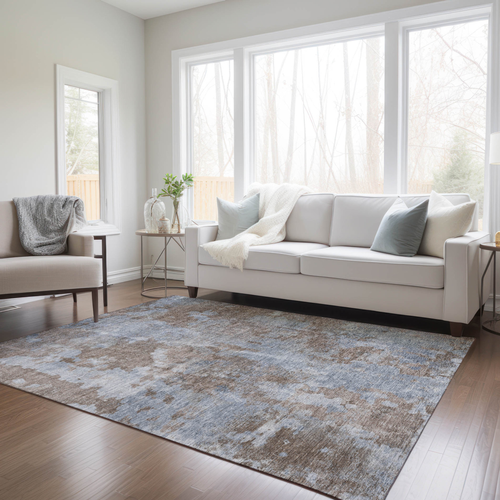 5' X 8' Mocha and Blue Abstract Washable Non Skid Indoor Outdoor Area Rug