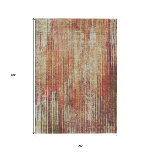 3' X 5' Orange Beige And Taupe Striped Washable Indoor Outdoor Area Rug