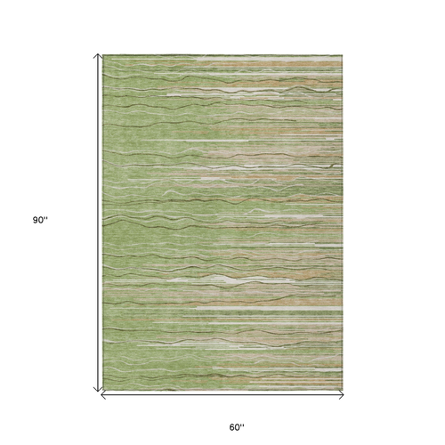 5' X 8' Green Beige And Ivory Striped Washable Indoor Outdoor Area Rug