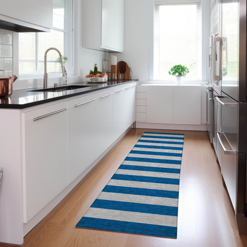8' Runner Blue and Ivory Striped Washable Non Skid Indoor Outdoor Runner Rug
