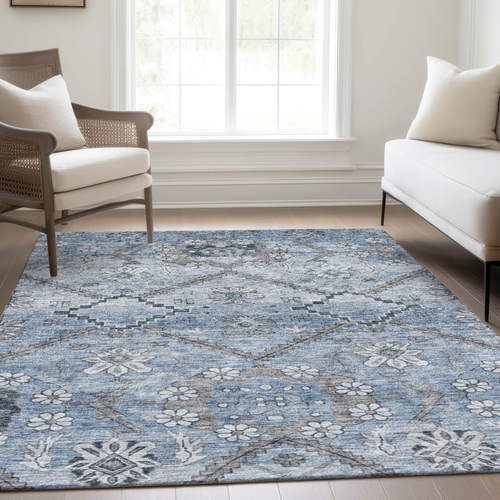 5' X 8' Sky Blue And Denim Blue Floral Washable Indoor Outdoor Area Rug
