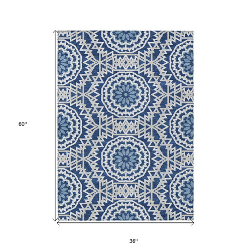 3' X 5' Navy Blue Ivory And Gray Floral Medallion Washable Indoor Outdoor Area Rug