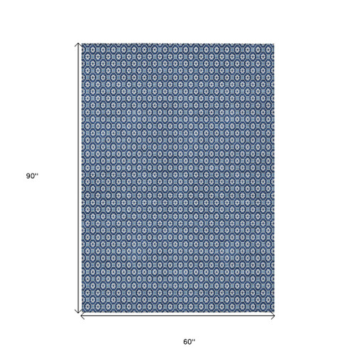 5' X 8' Blue And Sky Blue Floral Washable Indoor Outdoor Area Rug