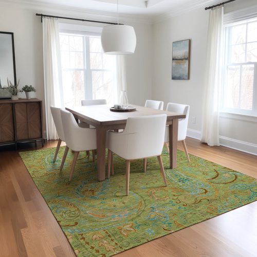 5' X 8' Artichoke Green Paisley Washable Indoor Outdoor Area Rug