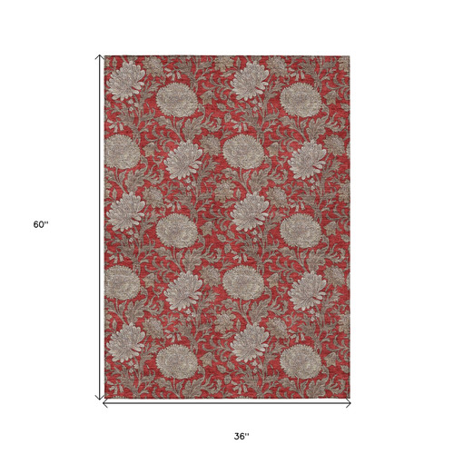 3' X 5' Red Taupe And Beige Floral Washable Indoor Outdoor Area Rug