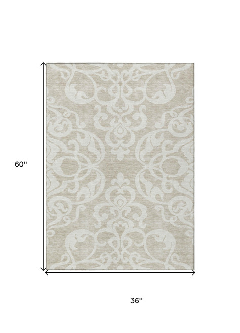 3' X 5' Beige And Ivory Damask Washable Indoor Outdoor Area Rug