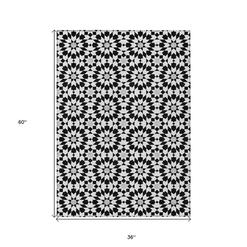 3' X 5' Black Gray And Silver Floral Medallion Washable Indoor Outdoor Area Rug