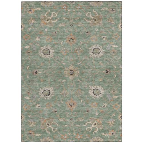 3' X 5' Artichoke Green Ivory And Coral Floral Washable Indoor Outdoor Area Rug