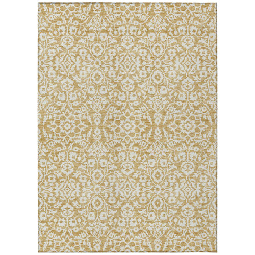 3' X 5' Gold And Beige Damask Washable Indoor Outdoor Area Rug