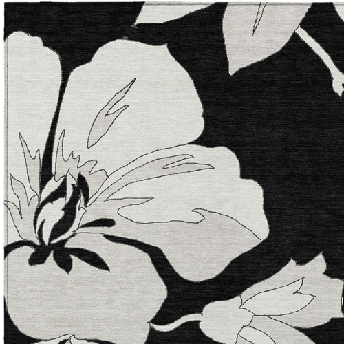 5' X 8' Black Gray And Silver Floral Washable Indoor Outdoor Area Rug