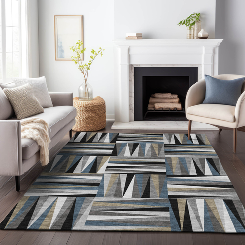 5' X 8' Black Gray And Ivory Geometric Washable Indoor Outdoor Area Rug