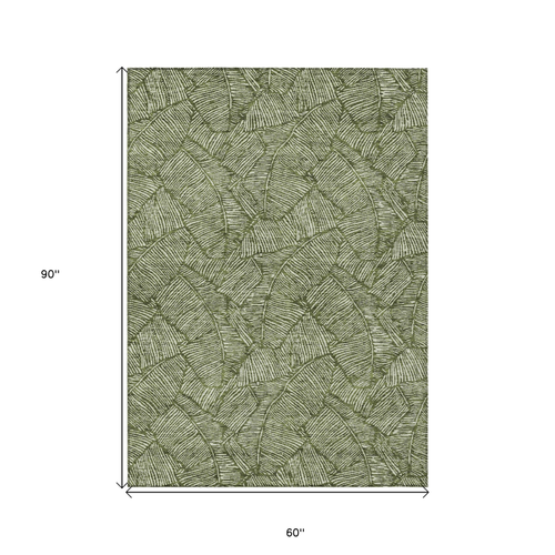 5' X 8' Olive Green And Light Green Floral Washable Indoor Outdoor Area Rug