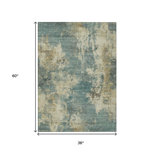 3' X 5' Teal Blue And Beige Abstract Washable Indoor Outdoor Area Rug - Teal Blue, Beige