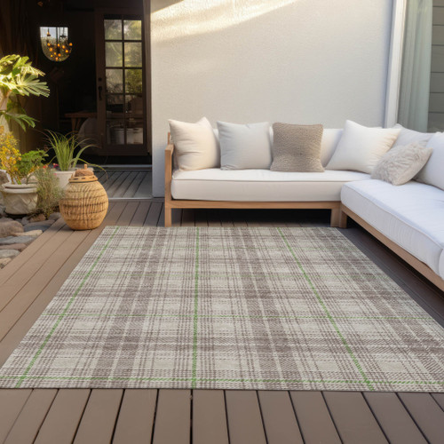 5' X 8' Beige Ivory And Green Plaid Washable Indoor Outdoor Area Rug