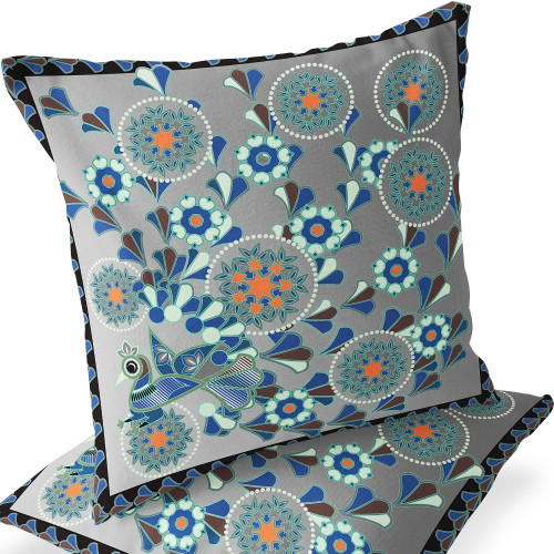 Set of Two 16" X 16" Gray and Orange Peacock Blown Seam Floral Indoor Outdoor Throw Pillow