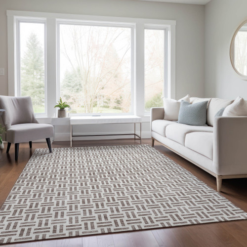 3' X 5' Taupe And Ivory Geometric Washable Indoor Outdoor Area Rug