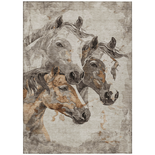 5' X 8' Beige And Gray Horse Washable Indoor Outdoor Area Rug