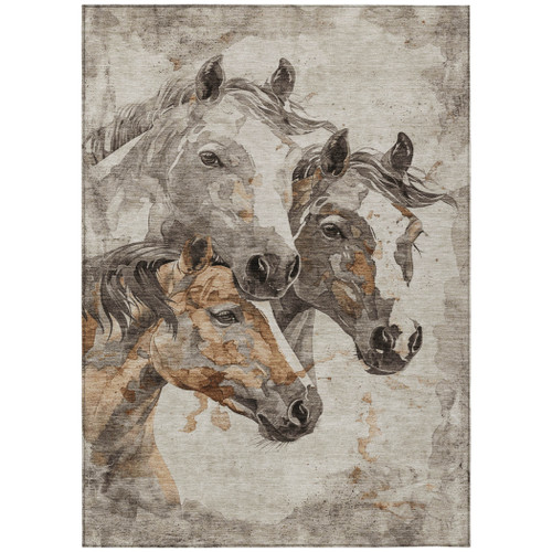 5' X 8' Beige And Gray Horse Washable Indoor Outdoor Area Rug