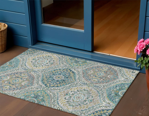 3' X 5' Teal Blue Fern Green And Beige Floral Washable Indoor Outdoor Area Rug