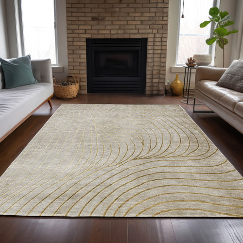 5' X 8' Beige And Silver Abstract Washable Indoor Outdoor Area Rug - Beige, Silver