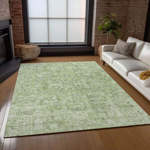 5' X 8' Artichoke Green And Olive Green Floral Washable Indoor Outdoor Area Rug