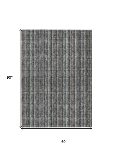 5' X 8' Gray And Silver Striped Washable Indoor Outdoor Area Rug