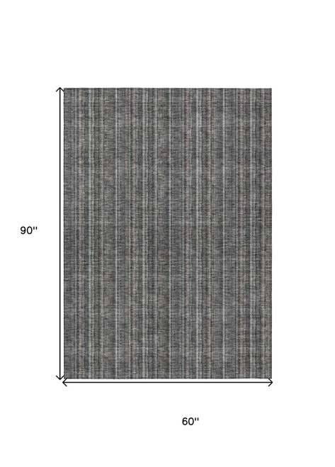 5' X 8' Gray And Silver Striped Washable Indoor Outdoor Area Rug