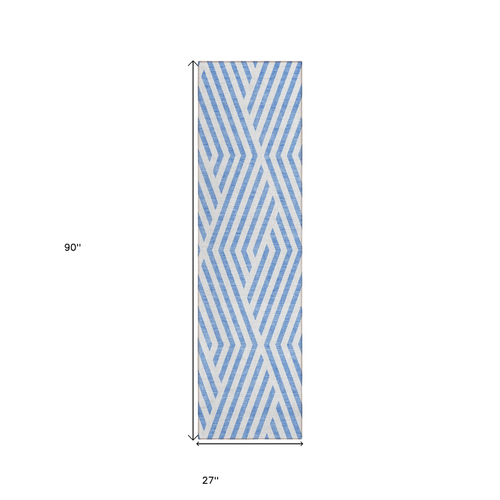 8' Blue And Ivory Geometric Washable Indoor Outdoor Runner Rug
