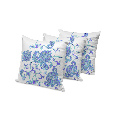 Set of Three 16" Blue and White Botanical Indoor Outdoor Throw Pillow Cover and Insert Polyester