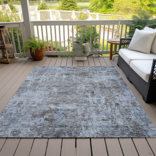 5' X 8' Blue And Taupe Abstract Washable Indoor Outdoor Area Rug