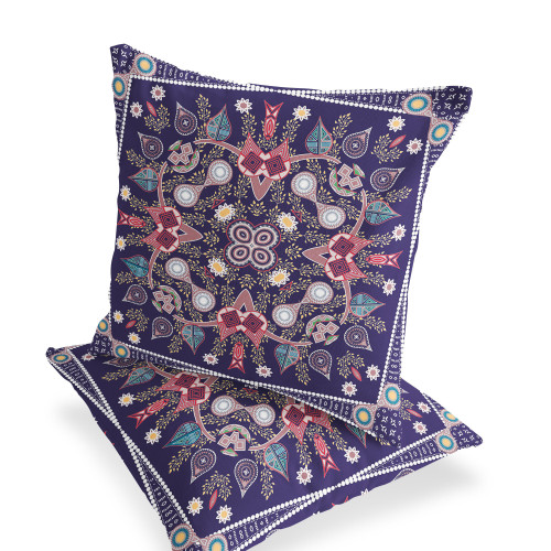 Set of Two 16" X 16" Pink and Purple Blown Seam Paisley Indoor Outdoor Throw Pillow