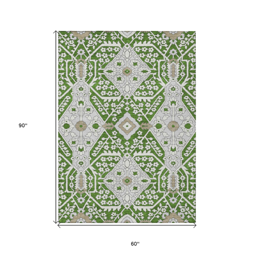 5' X 8' Green Gray And Taupe Floral Washable Indoor Outdoor Area Rug