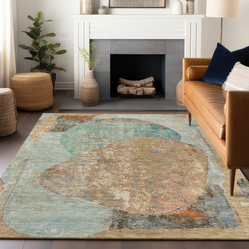 5' X 8' Teal Blue And Copper Abstract Washable Indoor Outdoor Area Rug
