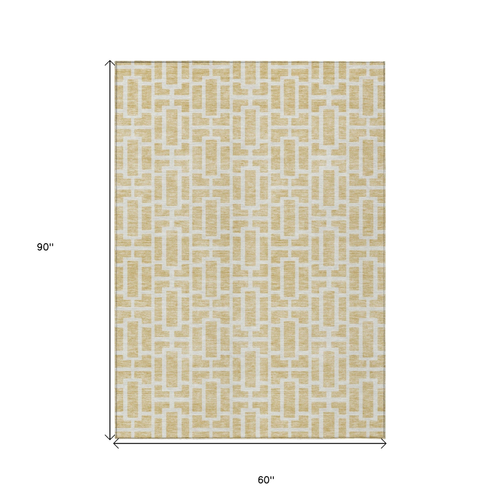 5' X 8' Wheat And Ivory Geometric Washable Indoor Outdoor Area Rug