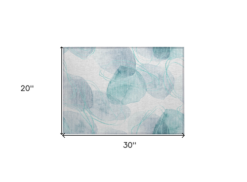 2' X 3' Teal and Ivory Abstract Washable Non Skid Indoor Outdoor Area Rug