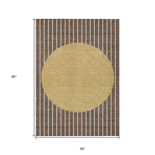 3' X 5' Brown And Beige Striped Washable Indoor Outdoor Area Rug