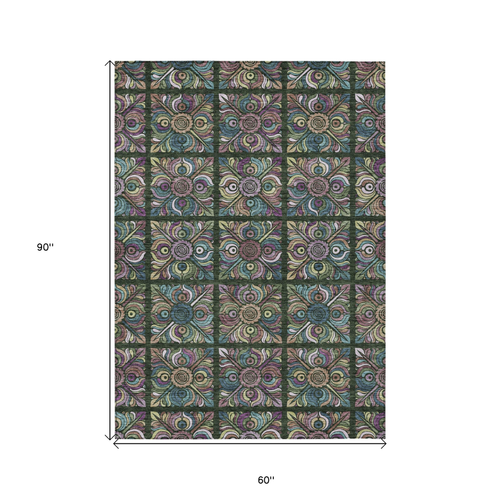 5' X 8' Fern Green Purple And Teal Blue Medallion Washable Indoor Outdoor Area Rug