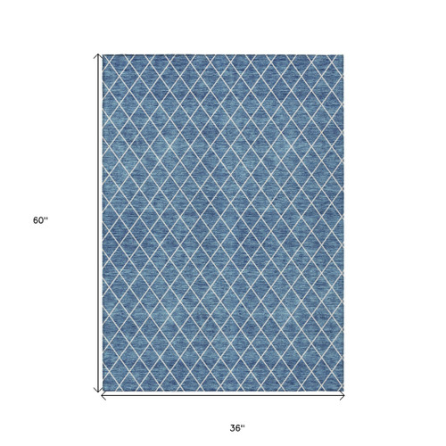 3' X 5' Denim Blue And Ivory Geometric Washable Indoor Outdoor Area Rug