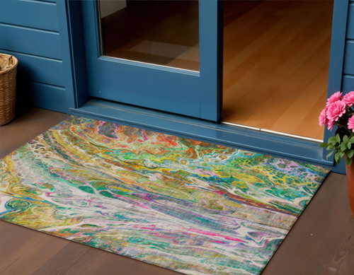 3' X 5' Green Gold And White Abstract Washable Indoor Outdoor Area Rug