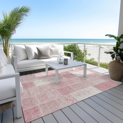 5' X 8' Pink Blush And Ivory Patchwork Washable Indoor Outdoor Area Rug
